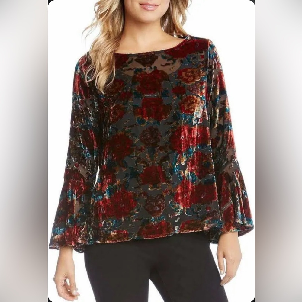 Beautiful Karen Kane Blouse with Floral Design and Bell Sleeves Size XL